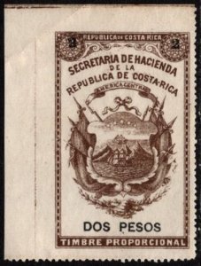1870 Costa Rica Revenue 2 Pesos Coats of Arms General Tax Duty Unused