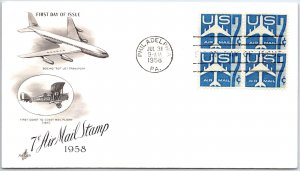 US FIRST DAY COVER BLOCK OF (4) 7c AIRMAIL JETS ON ART CRAFT CACHET 1958