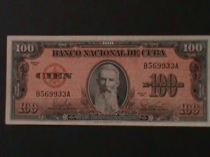 CUBA-1599  NATIONAL BANK OF CUBA-$100 PESO-UNC-VF-65 YEARS OLD-RARE-LAST ONE