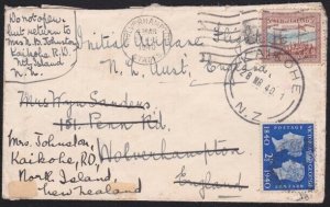 NEW ZEALAND 1940 first flight cover to UK - restamped and returned to NZ...B2851