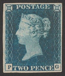 GREAT BRITAIN 1840 QV 2d deep blue no lines, plate 1. Rare genuine mint.