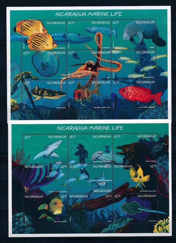 [38315] Nicaragua 1996 Marine Life Sharks Fish Octopus MNH 2 Sheets