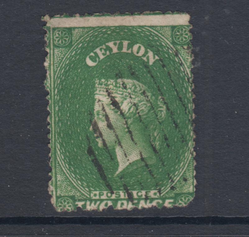 Ceylon SG 20b, Sc 18 used. 1861 2p yellowish green QV, intermediate Perf 14x15