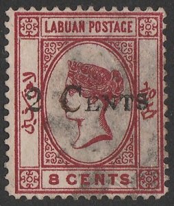 LABUAN 1885 '2 CENTS' on QV 8c, wmk crown CA reversed. SG 23 cat £550.