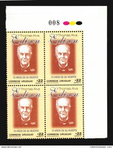 THOMAS ALVA EDISON INVENTOR PHISIC  URUGUAY MNH BLOCK OF 4 ** CATALOGUE VALUE...