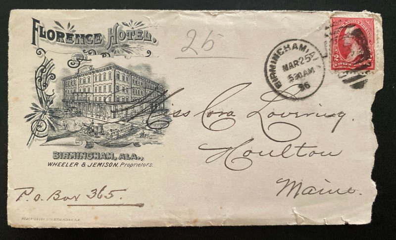 1896 Birmingham Al USA Advertising Florence Hotel Cover To Houlton ME