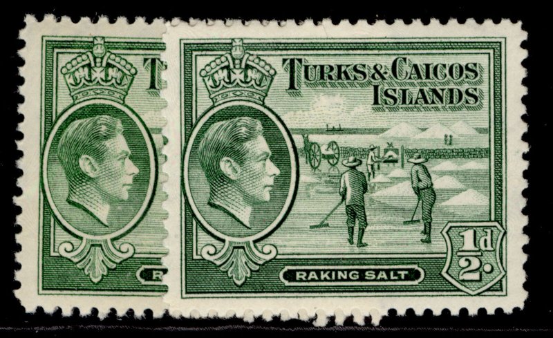 TURKS & CAICOS ISLANDS GVI SG195 + 195a, ½d yellowish green, M MINT. Cat £12.