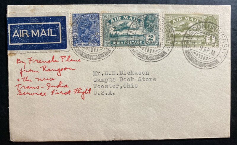 1933 Rangoon University India  First Flight Airmail cover FFC To Wooster OH USA