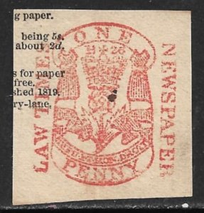 GREAT BRITAIN 1860 1d NEWSPAPER TAX STAMP Die B26 LAW TIMES Cut Square