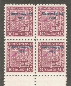 Slovakia 1939, 30h Overprinted Block of 4, Scott # 6,VF MNH**OG