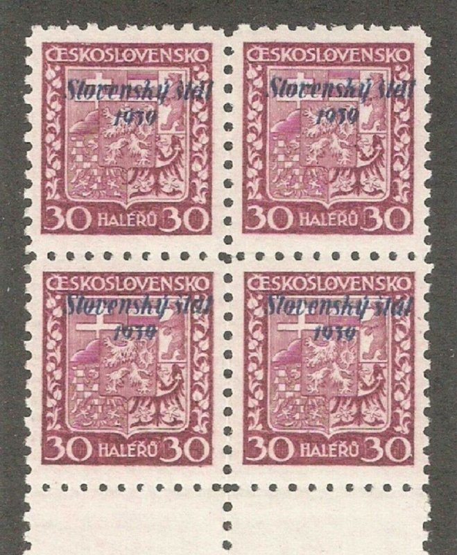 Slovakia 1939, 30h Overprinted Block of 4, Scott # 6,VF MNH**OG