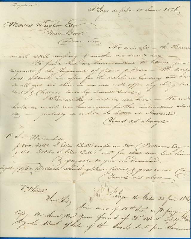 JUL 9, 1836, Red Octagon Phila Ds, SHIP FLS, Santiago-NY via Philly, Commercial