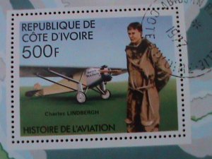 ​IVORY COAST-1977-CHARLES LINDBERGH & HIS PLANE-CTO S/S VF-FANCY CANCEL