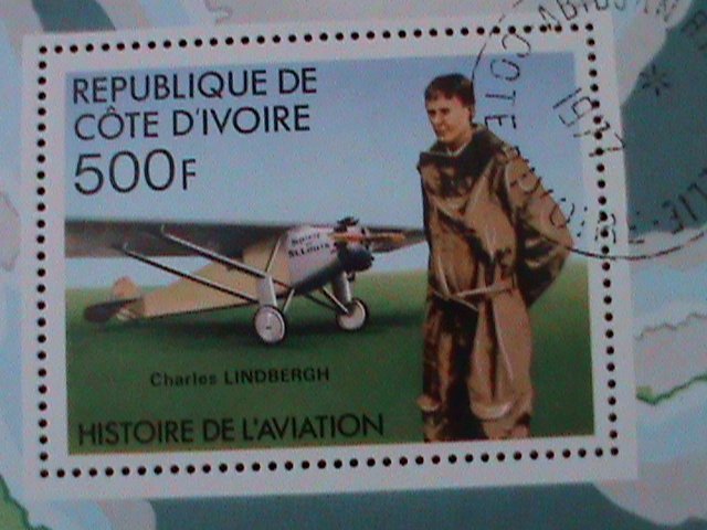 ​IVORY COAST-1977-CHARLES LINDBERGH & HIS PLANE-CTO S/S VF-FANCY CANCEL