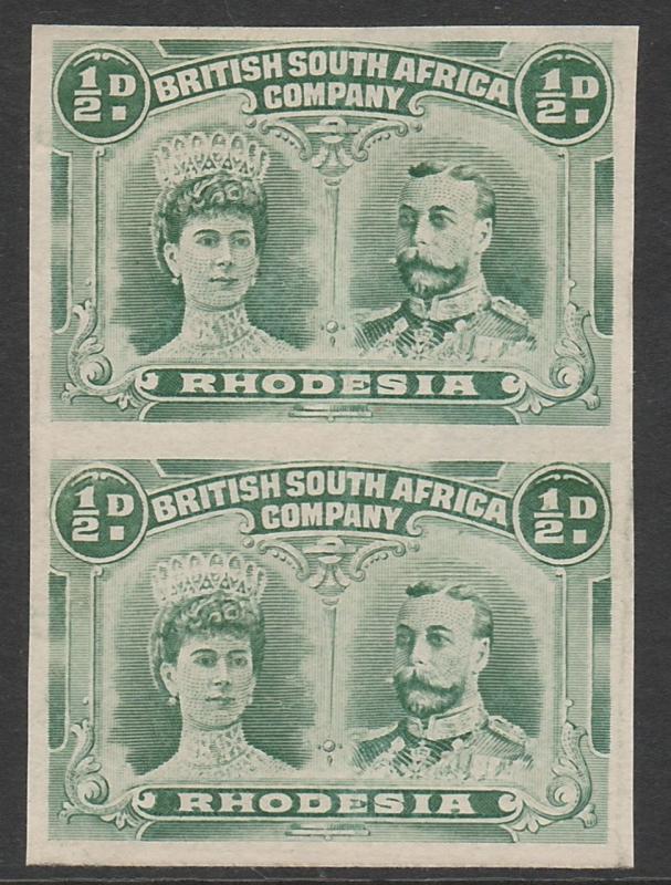 RHODESIA 1910 KGV DOUBLE HEAD 1/2D EXTREMELY RARE IMPERF PAIR WITH CERTIFICATE