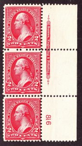 US 279b 2c Washington Mint Plate #816 Strip of 3 F-VF OG NH SCV $85