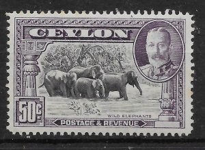 CEYLON SG377 1936 50c BLACK & MAUVE MTD MINT