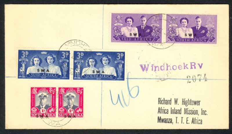 SOUTH WEST AFRICA 1947 KGVI ROYAL VISIT FDC Sc 156-158 Reg Cover WINDHOEK