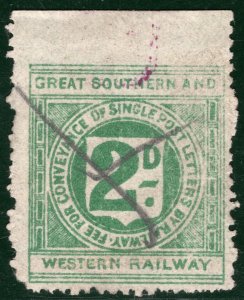 GB Ireland GS&WR RAILWAY Letter Stamp 2d GT SOUTHERN & WESTERN Used S2WHITE92