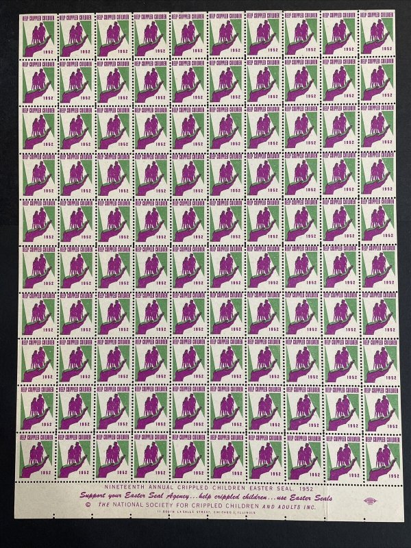 1952 19th Annual Crippled Children Easter Seal Sheet of 100 Stamps MNH