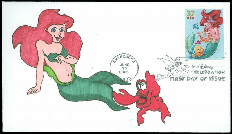 2005 HANDPAINTED JOHN C. LIBERT Cachet, Little Mermaid Ariel & Crab, #3914 FDC!