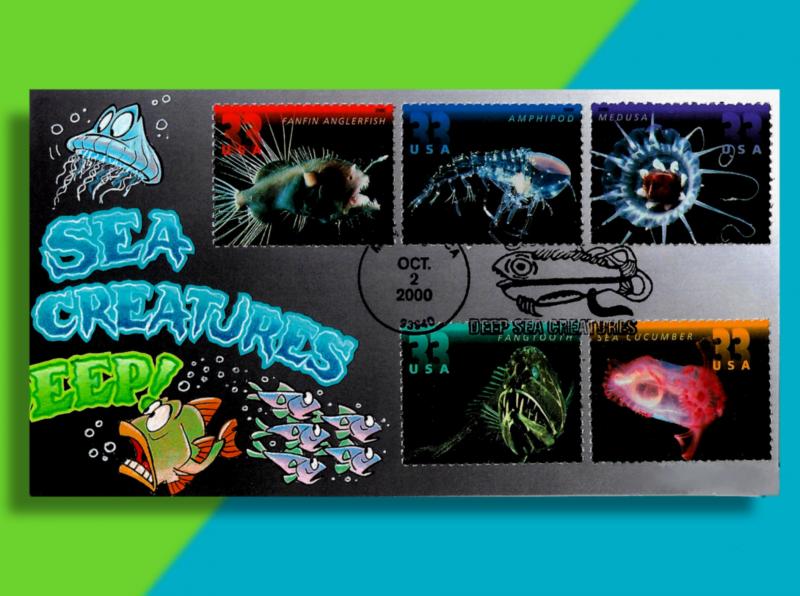 Big Bad Hungry Deep Sea Creature on Fold-Out FDC • Cachetoons Takes a Dive!