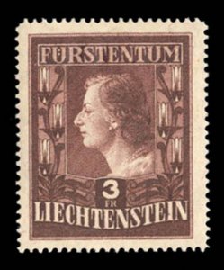 Liechtenstein #260a Cat$50, 1951 3fr dark brown, perf. 14 1/2, hinge remnant