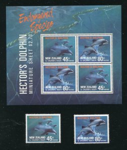 New Zealand B139-B140a, Dolphins Semi Postal Stamp Sheet and Single MNH 1991