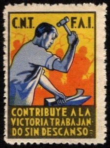 1938 Spain Civil War Poster Stamp C.N.T F.A.I Contribute to Victory By Working