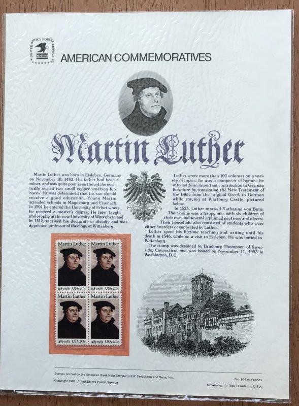 US CP204 Commemorative Panel Block of 4 #2065 Martin Luther SCV $7.00 L34