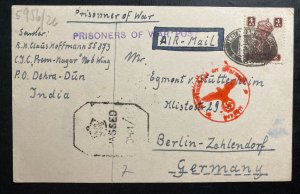 1944 Dehra Dun India POW Prisoner Of War Camp Postcard Cover to Berlin Germany