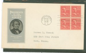 US 822 1938 17c Andrew Johnson (part of the Presidential-prexy series) block of four on an addressd (typed) FDC with an Loor cac