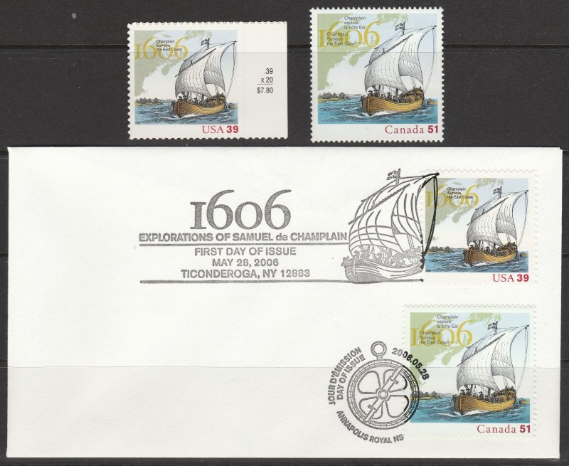 US Canada Joint Issue US 4073 Canada 2155 Champlain with First Day Cover MNH