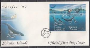 Solomon Is., Scott cat. 847. Whales s/sheet. First Day Cover. ^