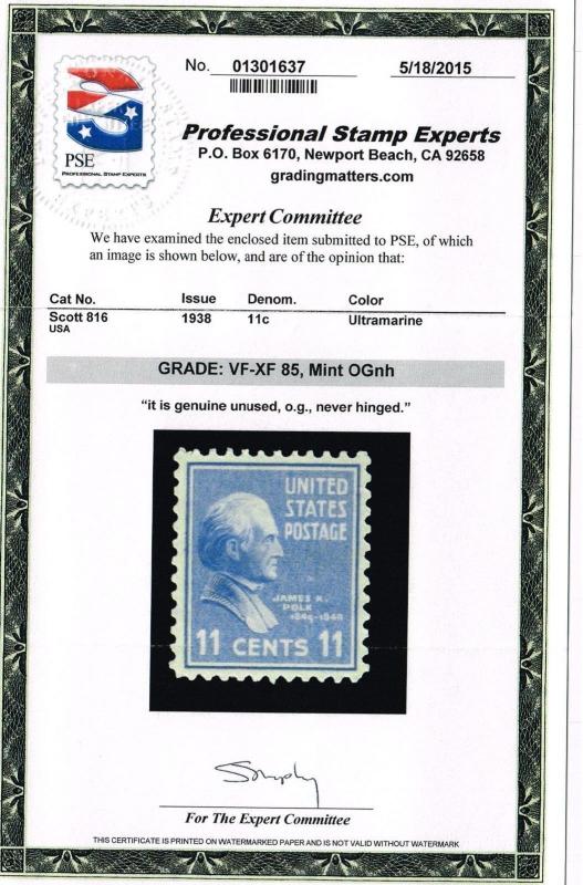 ESTATE CLOSEOUT SCOTT #816 MINT OG NH PSE GRADED FOR LESS THAN COST OF THE CERT