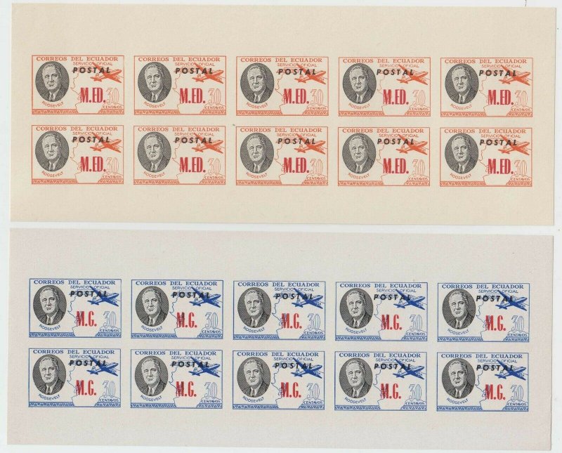 ECUADOR 1949 ROOSEVELT ORDNRY & AIR OFFICIAL Brt O240-O257 SET 18 IMPERF SHEETS 