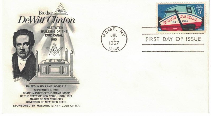 #1325, 5c Erie Canal, Masonic Stamp Club of NY cachet