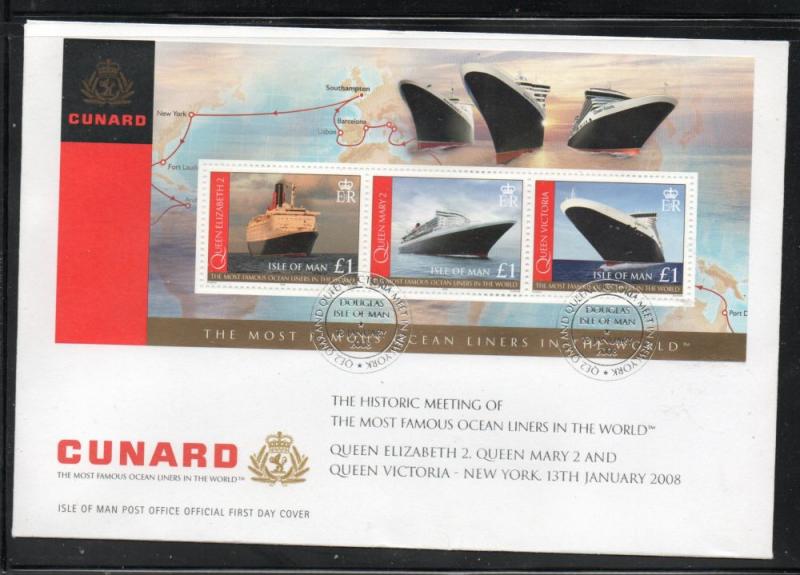 Isle of Man Sc 1239 2008 Cunard Ocean Liners stamp sheet on FDC