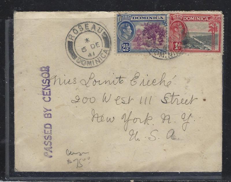 DOMINICA (P1609B) 1941 KGVI 1D+ 2 1/2D CENSORED COVER TO USA