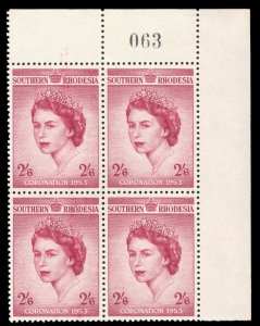Southern Rhodesia #80 Cat$29, 1953 2sh6p cerise, corner margin block of four,...