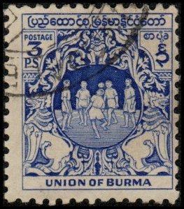 Burma 102 - Used - 3p Chinion (Ball Game) (1949) (cv $0.65)