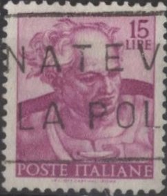 Italy 816 (used) 15 lire Michelangelo’s Joel, brt lilac (1961)