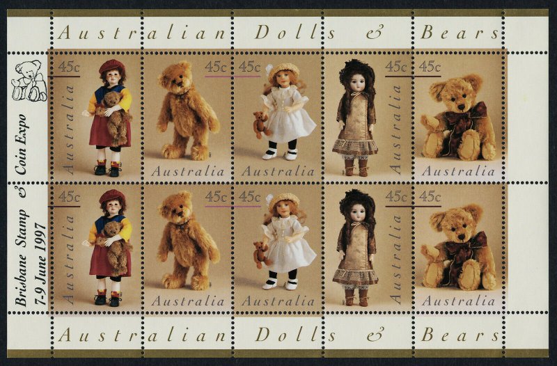 Australia 1601a sheet MNH Dolls & Teddy Bears, Birsbane Stamp & Coin Expo o/p