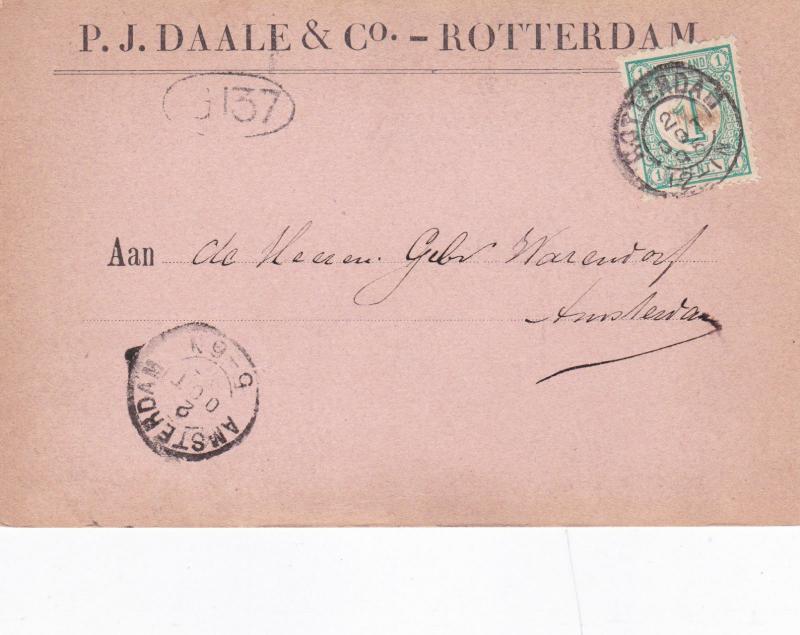 Netherlands 1896 P.J.Daale&Co Rotterdam to Amsterdam Postcard used VGC