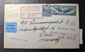 1940 Censored Registered USA Airmail Cover San Pedro CA to Oslo Norway