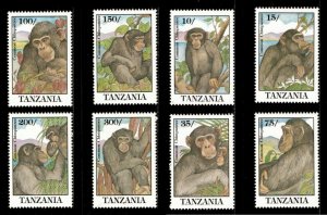 Tanzania 1992 - Common Chimpanzee Monkeys - Set of 8 Stamps - Scott #852-9 - MNH