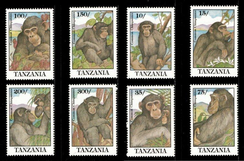 Tanzania 1992 - Common Chimpanzee Monkeys - Set of 8 Stamps - Scott #852-9 - MNH