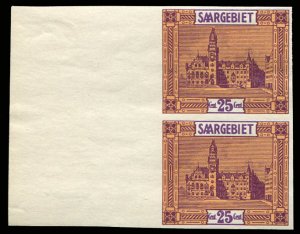 Saar #107 (Mi. 100U) Cat€150, 1923 25c magenta and straw, left margin imper...