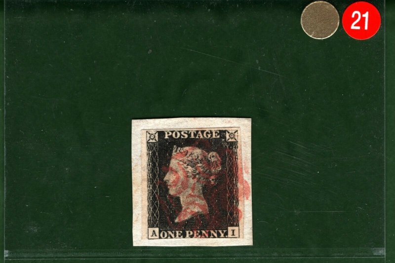 GB PENNY BLACK QV Stamp 1d Plate 1b (AI) RUBY MX Piece (1840) Cat £1,200 GRED21