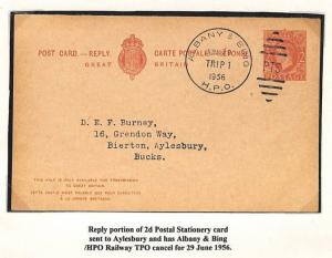 GB USED ABROAD USA KGVI Reply Card *Albany & Bing* TPO RAILWAY Duplex AG276 1956